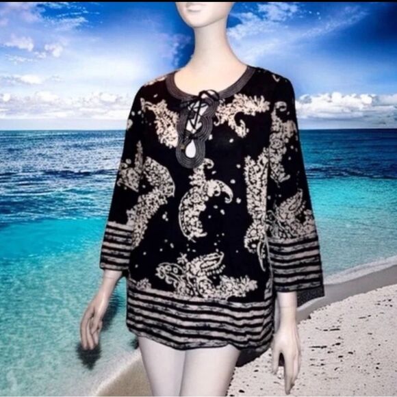 MICHAEL Michael KORS Top Navy Paisley Floral Print Cutout Lace-up Tunic Size M - Picture 11 of 13